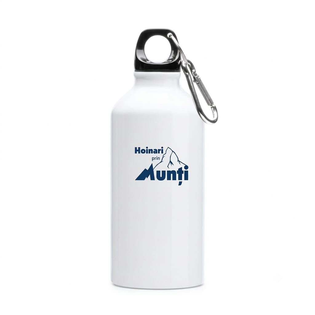 Sticlă din aluminiu, cu carabină Hoinari prin Munti 400 ml-albă