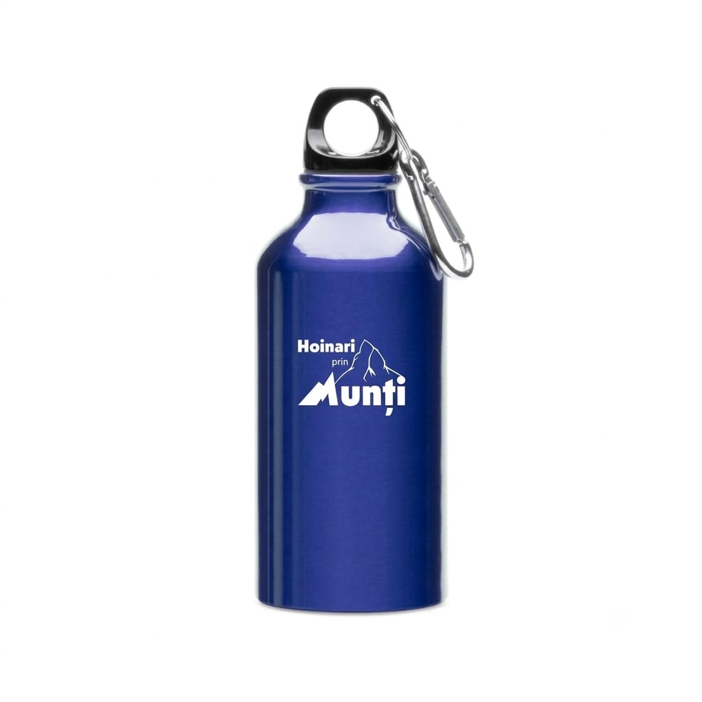 Sticlă din aluminiu, cu carabină Hoinari prin Munti 400 ml-albastră