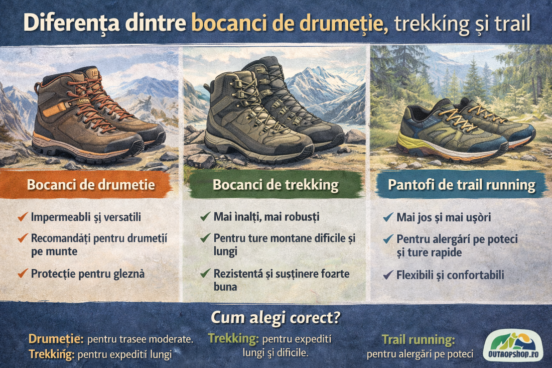 Diferența dintre bocanci de drumeție, trekking și trail