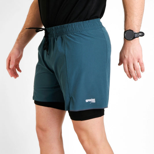 Șort 2‑în‑1 Trail Running SpherePro Oleg – Verde/Pacific | Tehnic, Ușor și Confortabil