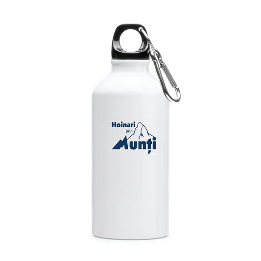 Sticlă din aluminiu, cu carabină Hoinari prin Munti 400 ml-albă