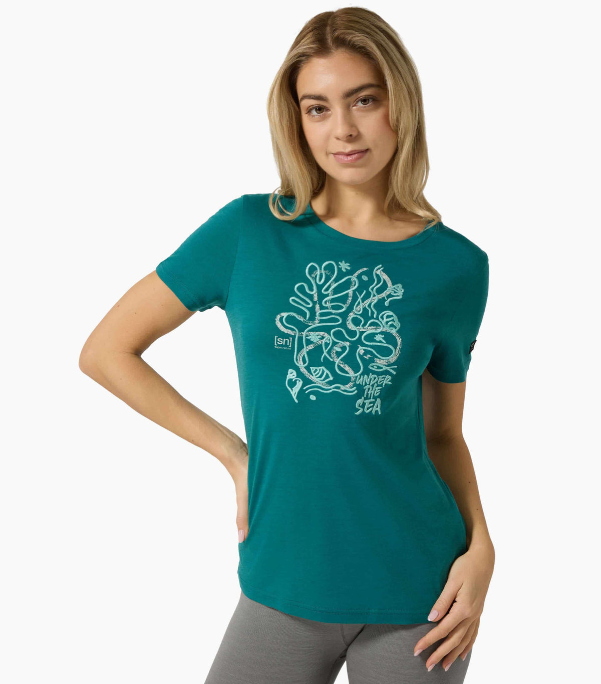 Tricou dama cu merino SN-SUPERNATURAL - W UNDER THE SEA TEE - Pacific White Stone Lagoon Green