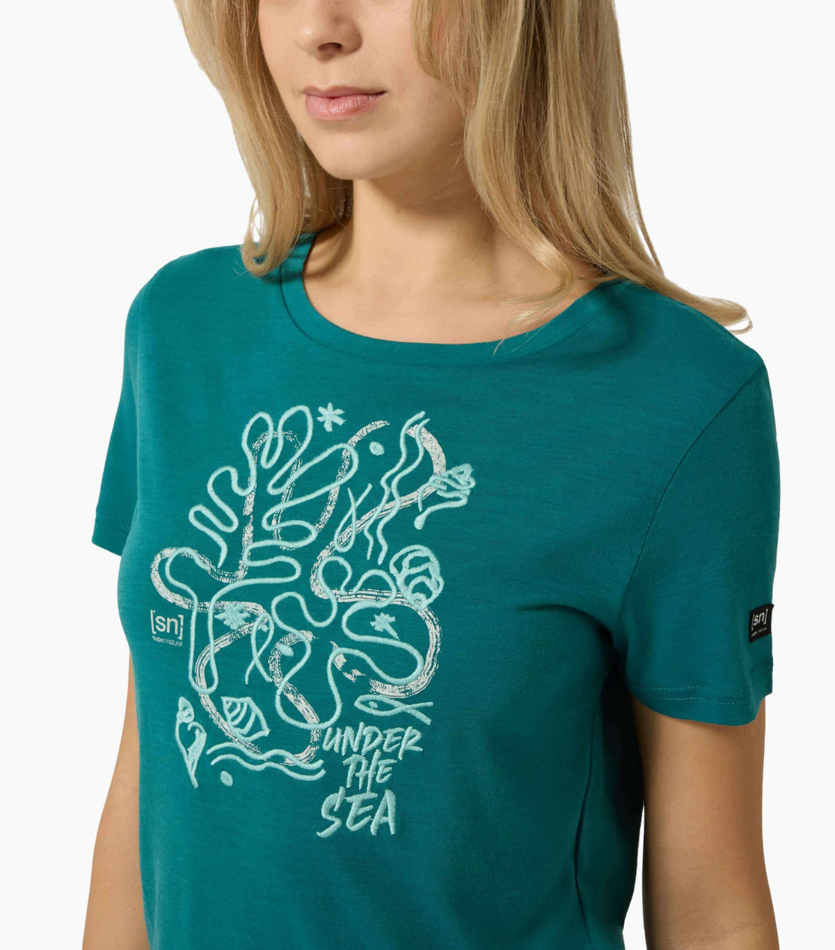 Tricou dama cu merino SN-SUPERNATURAL - W UNDER THE SEA TEE - Pacific White Stone Lagoon Green